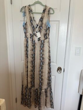 Fate Snake Print V-Neck Maxi Dress in Beige and Blue